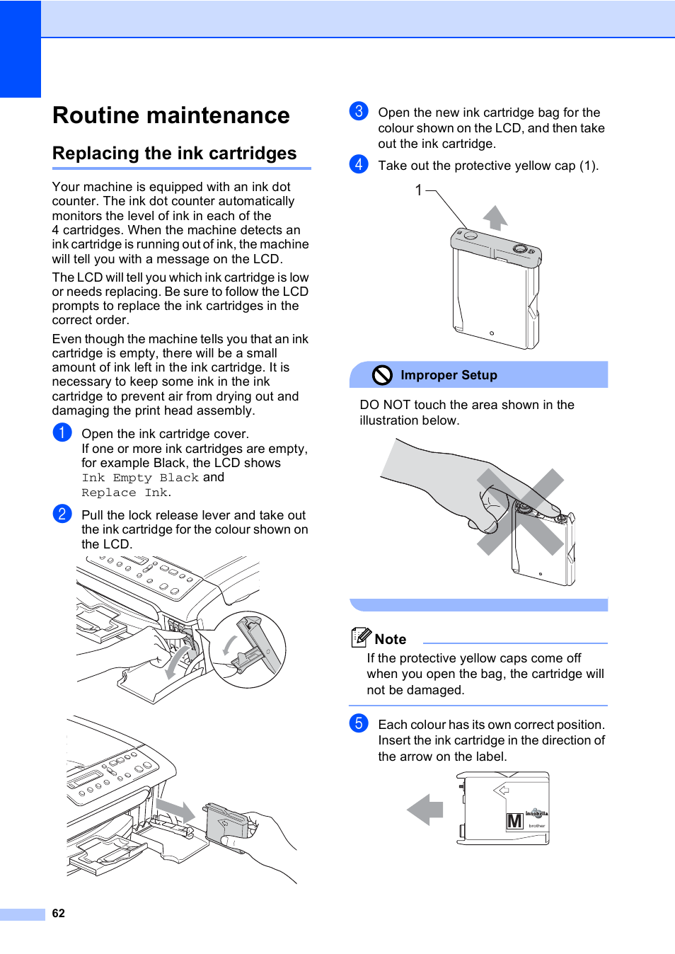 Routine maintenance, Replacing the ink cartridges | Brother DCP-135C User Manual | Page 70 / 98