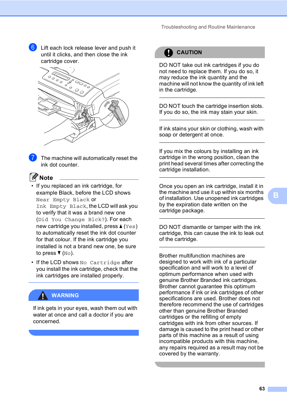 Warning, Caution | Brother DCP-135C User Manual | Page 71 / 98