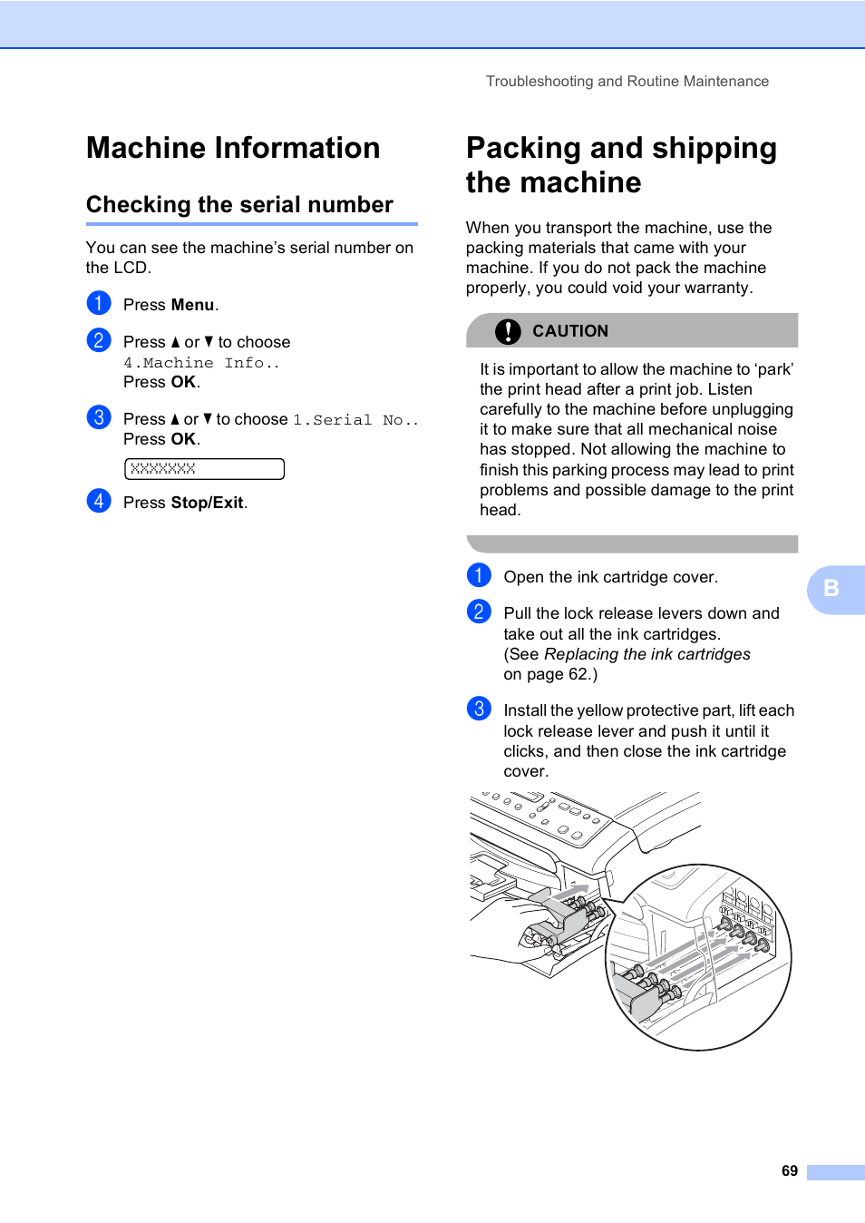 Machine information, Checking the serial number, Packing and shipping the machine | Brother DCP-135C User Manual | Page 77 / 98