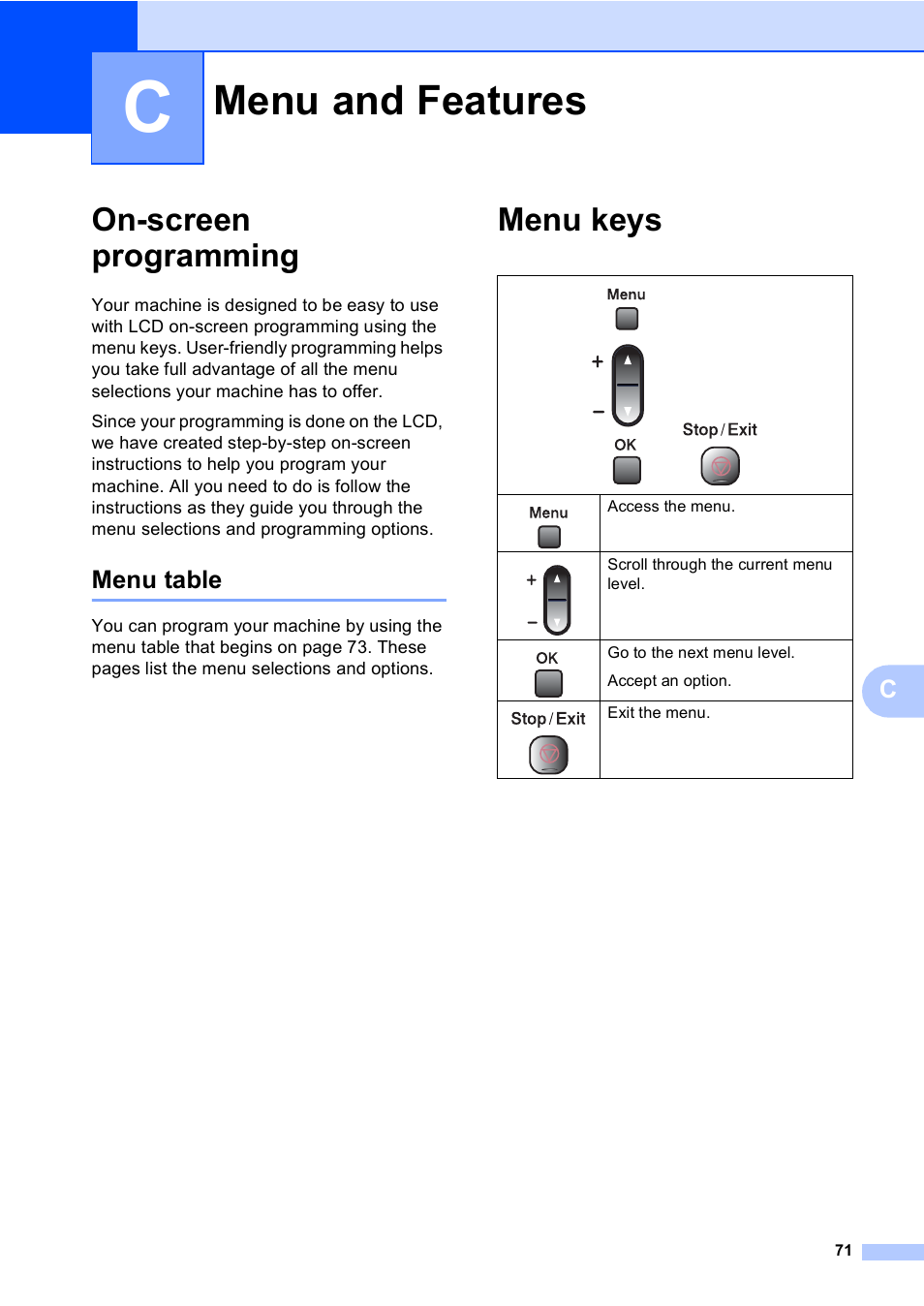 C menu and features, On-screen programming, Menu table | Menu keys, Menu and features | Brother DCP-135C User Manual | Page 79 / 98