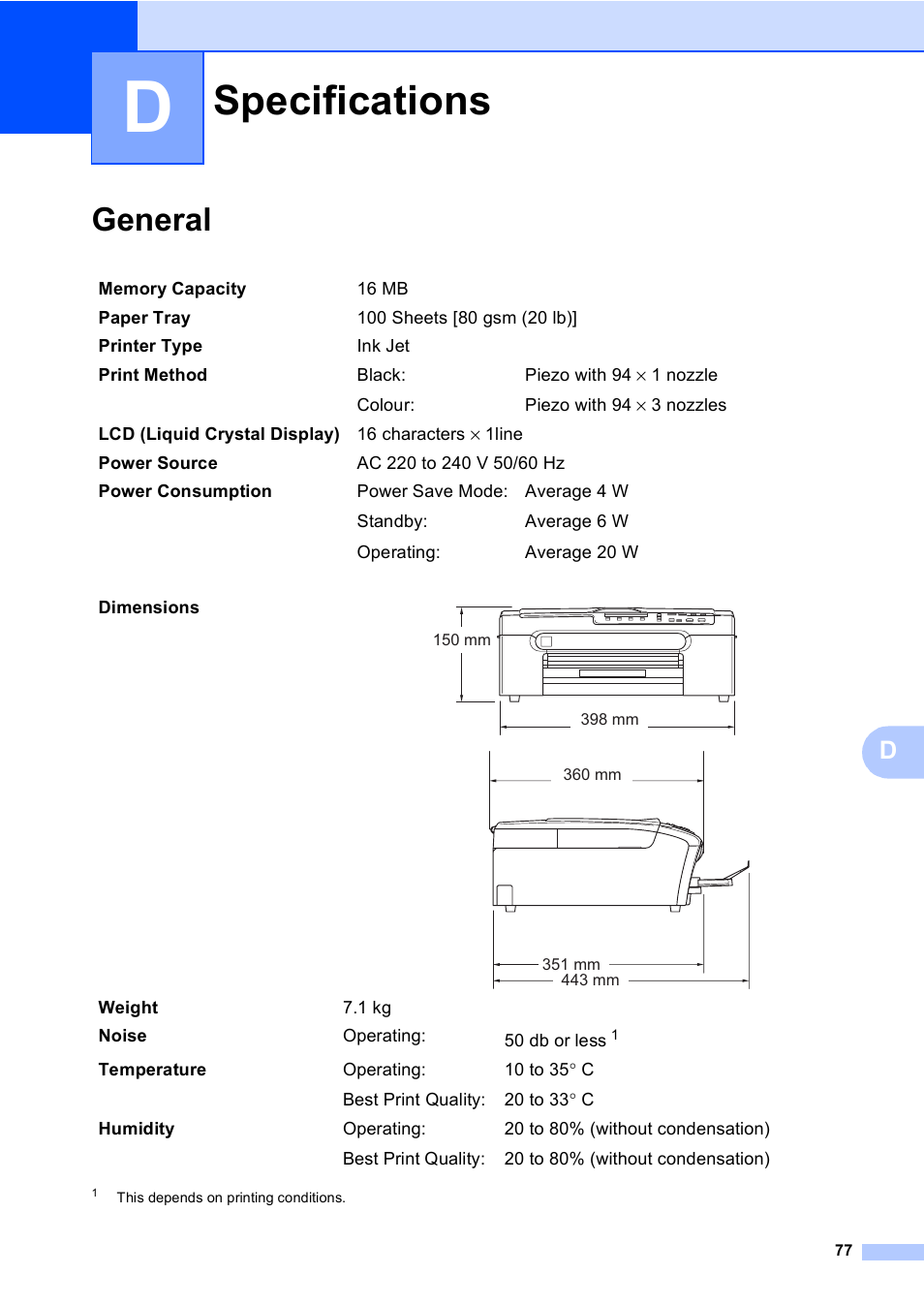 D specifications, General, Specifications | Brother DCP-135C User Manual | Page 85 / 98