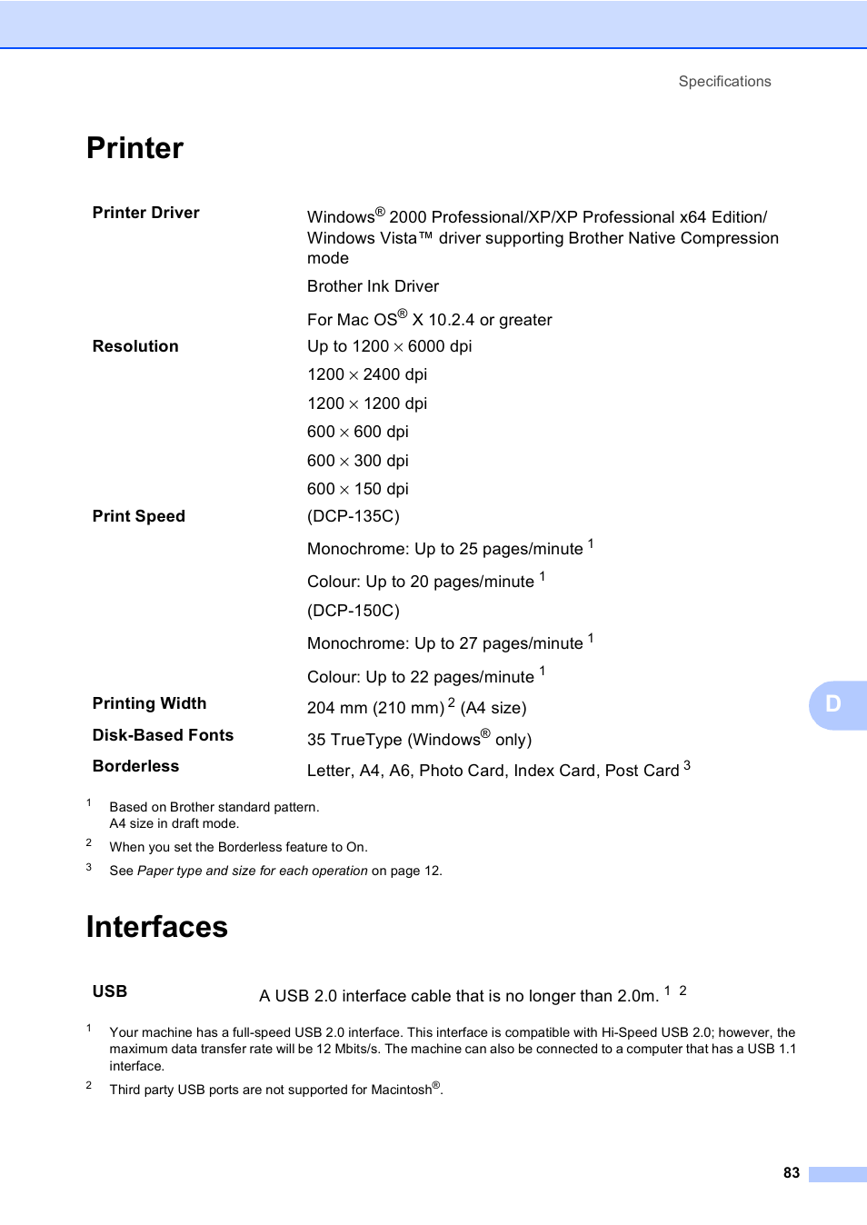 Printer, Interfaces, Printer interfaces | Brother DCP-135C User Manual | Page 91 / 98