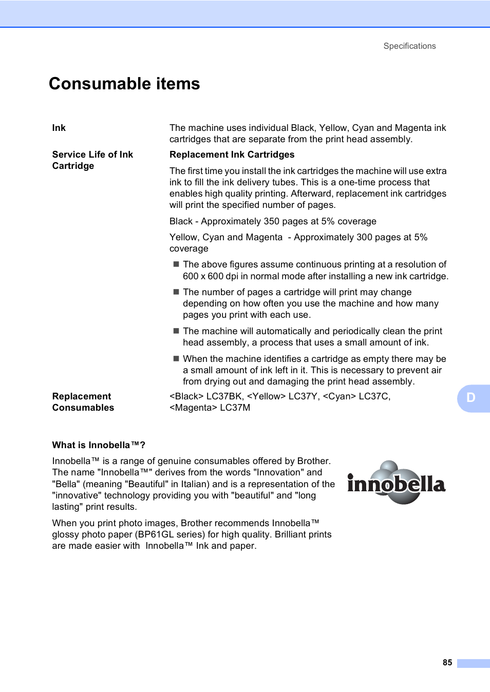 Consumable items | Brother DCP-135C User Manual | Page 93 / 98