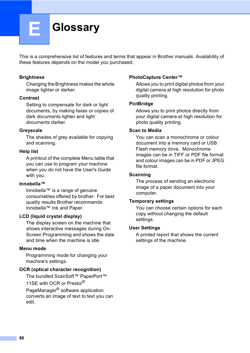 E glossary, Glossary | Brother DCP-135C User Manual | Page 94 / 98