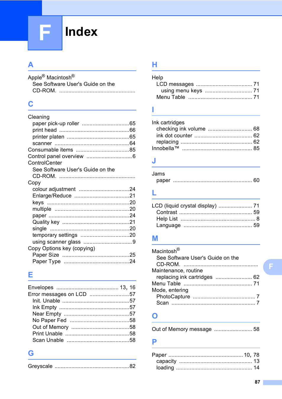 Index | Brother DCP-135C User Manual | Page 95 / 98