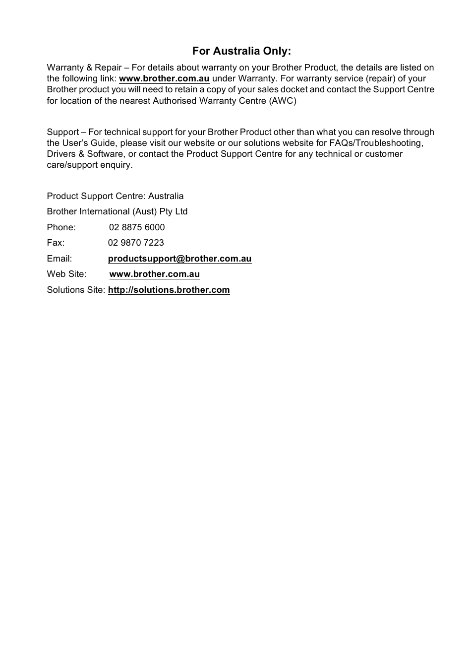 For australia only | Brother DCP-135C User Manual | Page 97 / 98