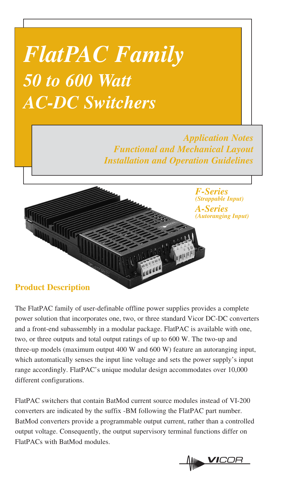 Vicor FlatPAC Family 50 to 600 Watt AC-DC Switchers A-Series User Manual | 8 pages