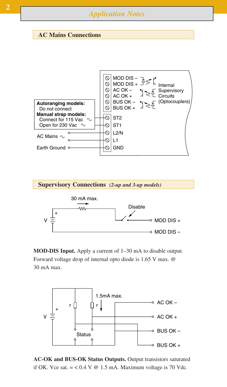 Ac mains connections supervisory connections | Vicor FlatPAC Family 50 to 600 Watt AC-DC Switchers A-Series User Manual | Page 2 / 8