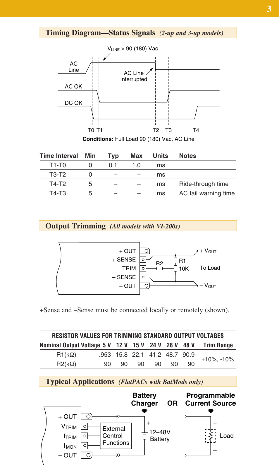 Timing diagram—status signals, Output trimming, Typical applications | Vicor FlatPAC Family 50 to 600 Watt AC-DC Switchers A-Series User Manual | Page 3 / 8