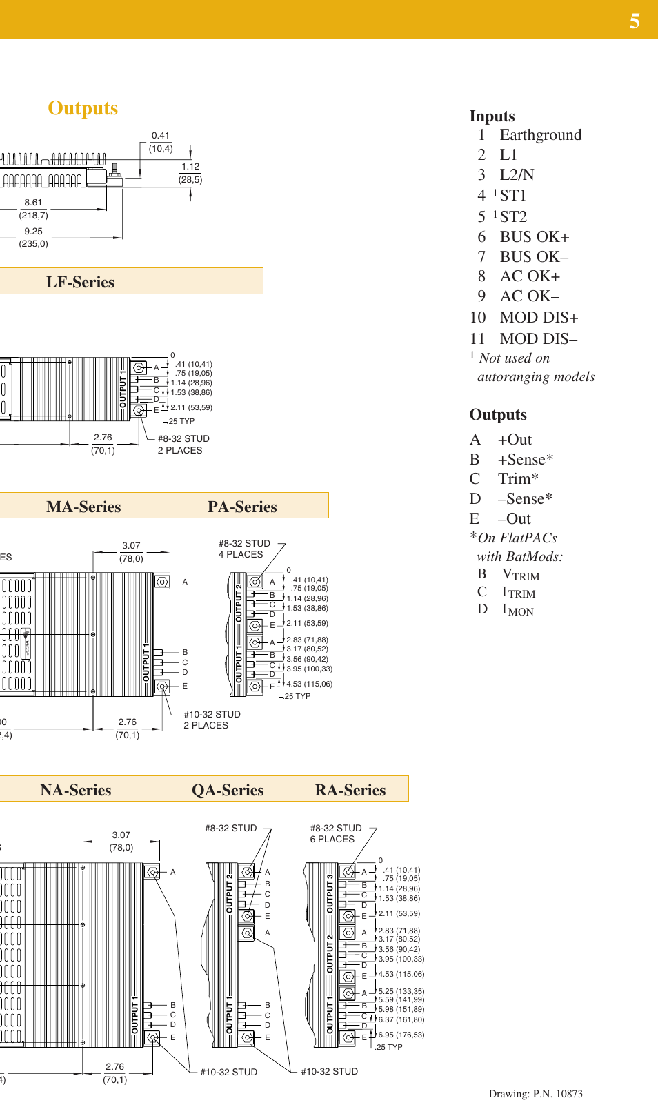 Outputs, St1 5, Outputs a +out b +sense* c trim* d –sense* e –out | Not used on autoranging models, On flatpacs with batmods: b v | Vicor FlatPAC Family 50 to 600 Watt AC-DC Switchers A-Series User Manual | Page 5 / 8