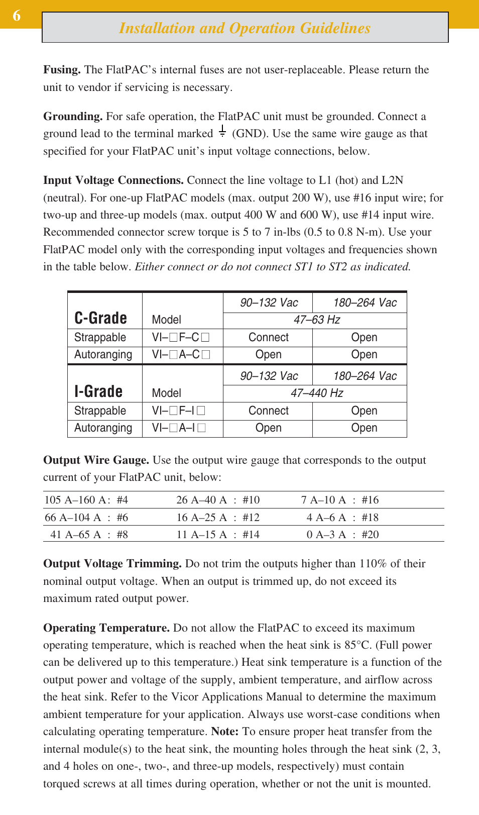 Installation and operation guidelines 6, C-grade, I-grade | Vicor FlatPAC Family 50 to 600 Watt AC-DC Switchers A-Series User Manual | Page 6 / 8