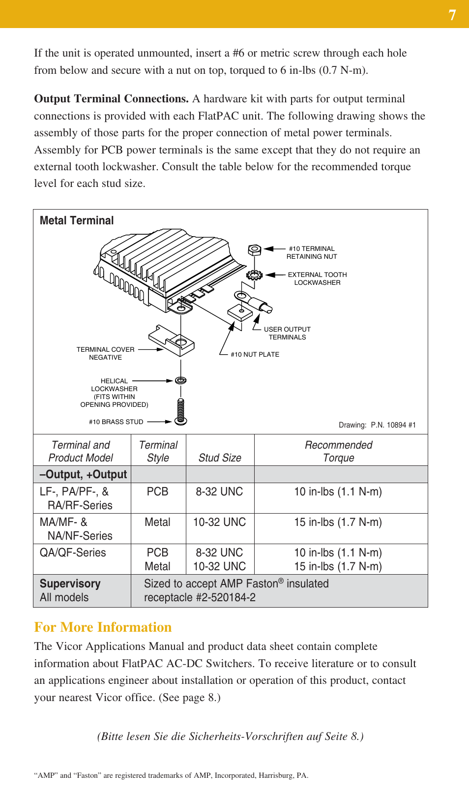 For more information | Vicor FlatPAC Family 50 to 600 Watt AC-DC Switchers A-Series User Manual | Page 7 / 8