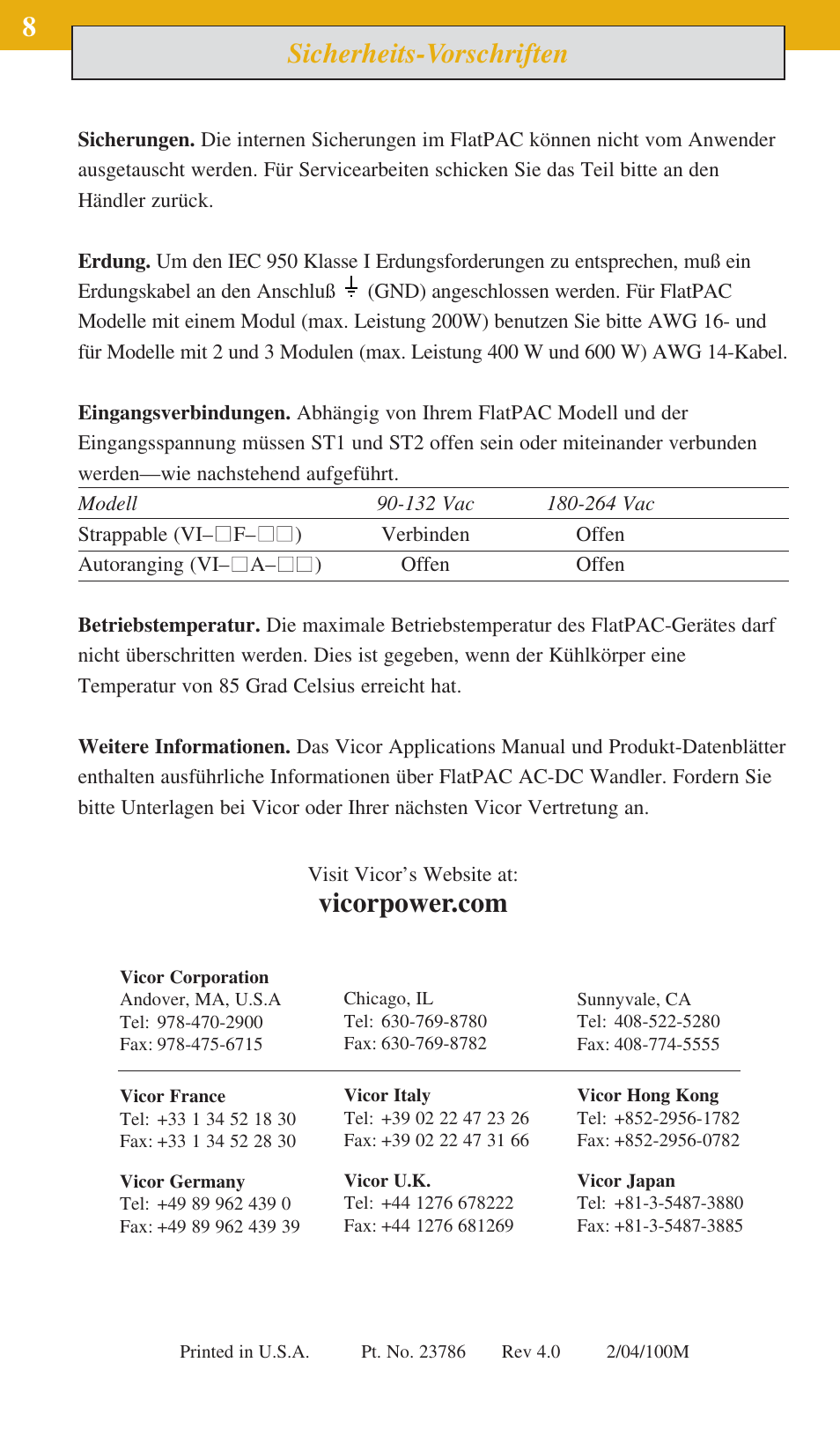 Sicherheits-vorschriften 8 | Vicor FlatPAC Family 50 to 600 Watt AC-DC Switchers A-Series User Manual | Page 8 / 8