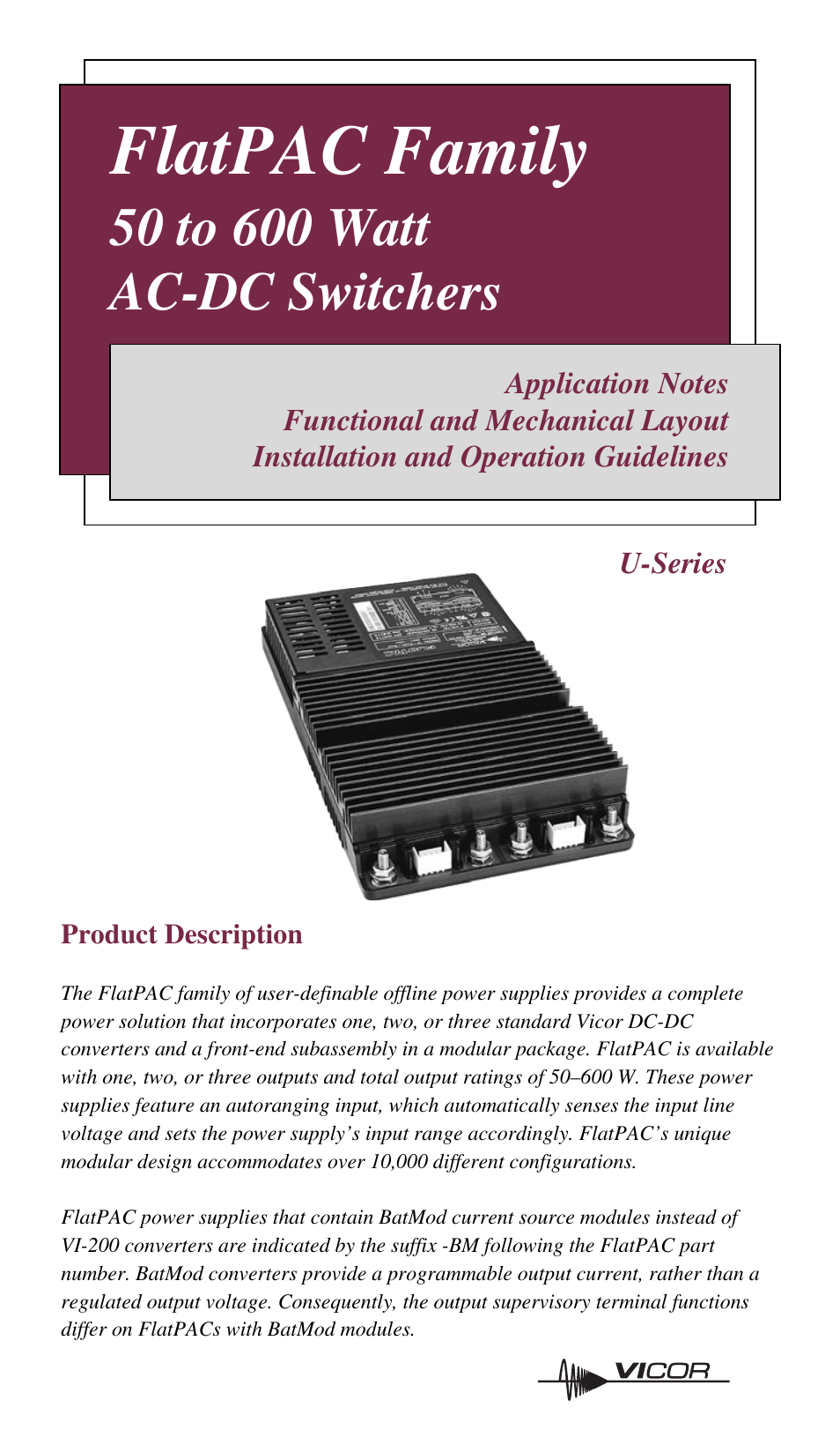 Vicor FlatPAC Family 50 to 600 Watt AC-DC Switchers U-Series User Manual | 8 pages