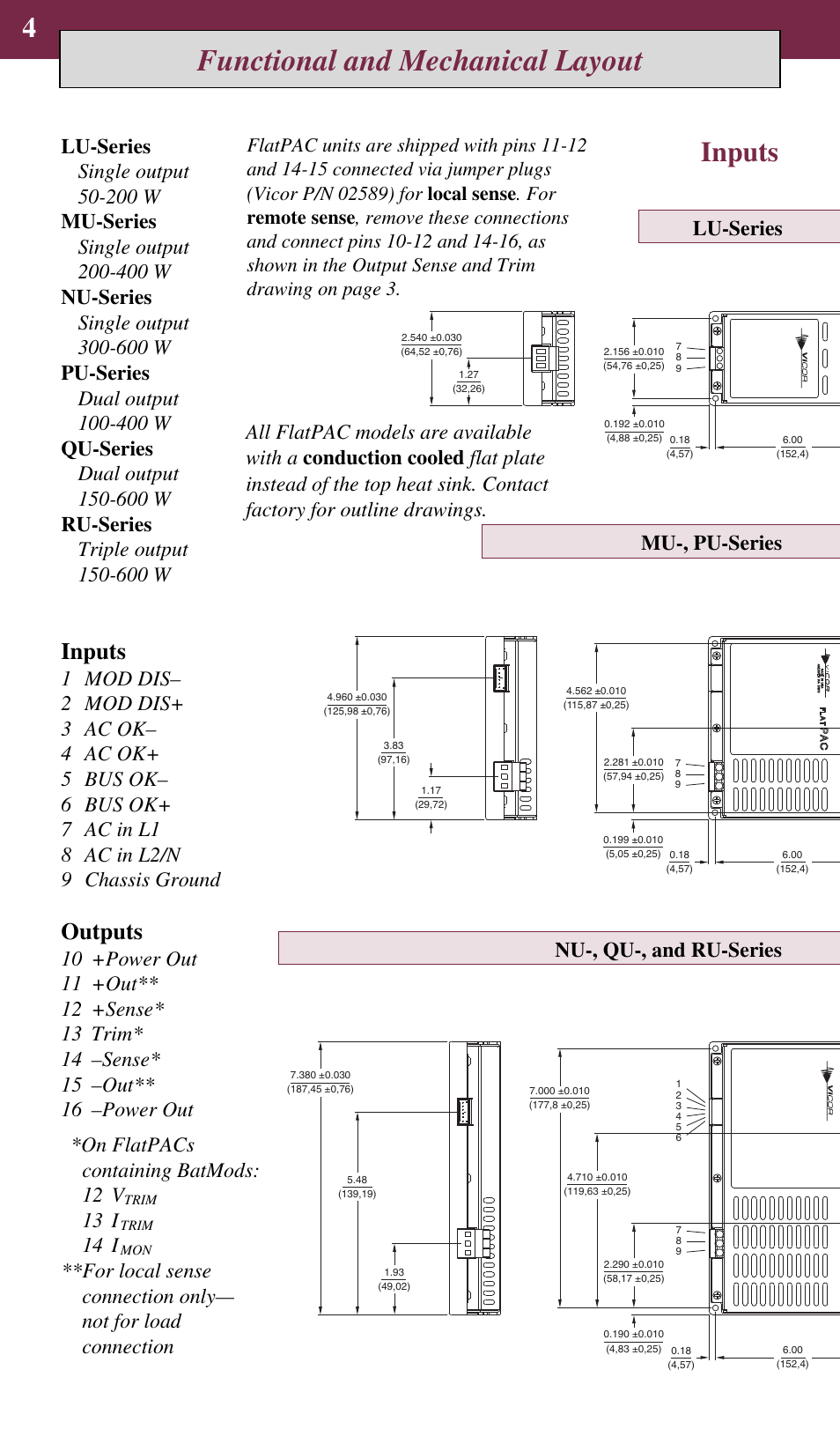 Functional and mechanical layout, Inputs, Outputs | Nu-, qu-, and ru-series mu-, pu-series lu-series, 13 i, 14 i | Vicor FlatPAC Family 50 to 600 Watt AC-DC Switchers U-Series User Manual | Page 4 / 8