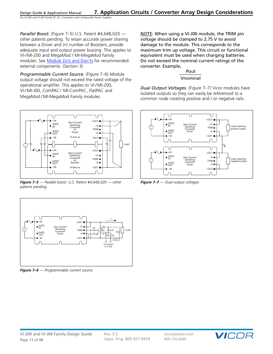 Figure 7–5), Figure 7–6 — programmable current source, Figure 7–7 — dual output voltages | Vicor VI-J00 Family DC-DC Converters and Configurable Power Supplies User Manual | Page 14 / 99