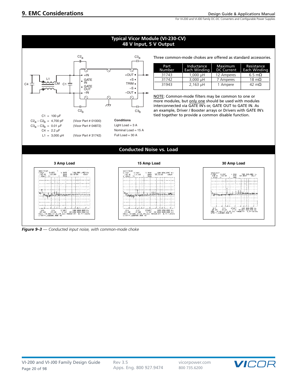 Emc considerations, Conducted noise vs. load | Vicor VI-J00 Family DC-DC Converters and Configurable Power Supplies User Manual | Page 21 / 99