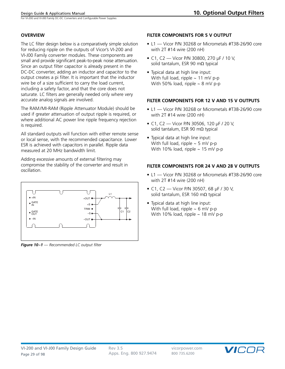 Sect. 10, Optional output filters | Vicor VI-J00 Family DC-DC Converters and Configurable Power Supplies User Manual | Page 30 / 99