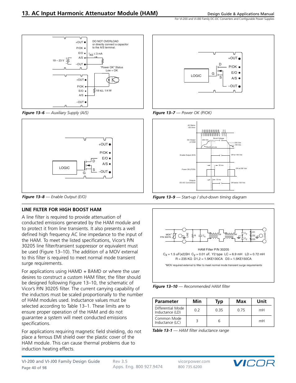 Ac input harmonic attenuator module (ham), Figure 13–10 — recommended ham filter, Figure 13–8 — enable output (e/o) | Figure 13–9 — start-up / shut-down timing diagram, Table 13-1 — ham filter inductance range | Vicor VI-J00 Family DC-DC Converters and Configurable Power Supplies User Manual | Page 41 / 99