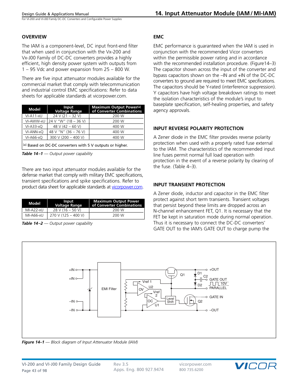 Sect. 14, Input attenuator module (iam / mi-iam), Section 14 | Vicor VI-J00 Family DC-DC Converters and Configurable Power Supplies User Manual | Page 44 / 99