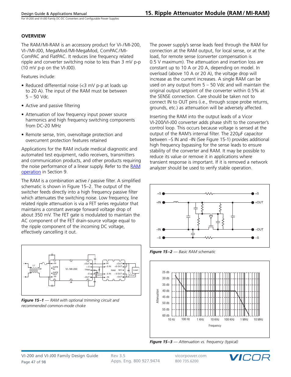 Sect. 15, Ripple attenuator module (ram / mi-ram) | Vicor VI-J00 Family DC-DC Converters and Configurable Power Supplies User Manual | Page 48 / 99