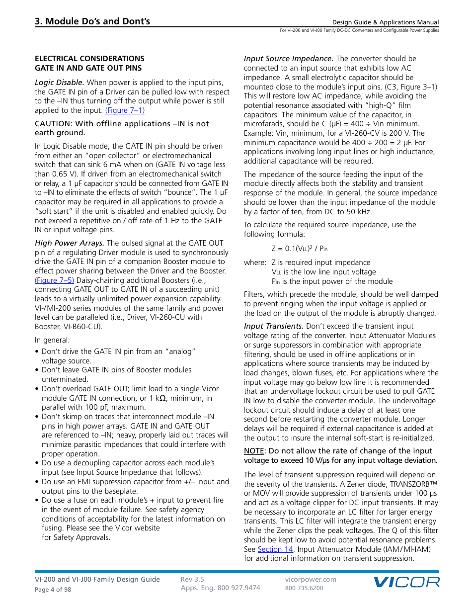 Sect. 03, Module do’s and don’ts, Module do’s and dont’s | Vicor VI-J00 Family DC-DC Converters and Configurable Power Supplies User Manual | Page 5 / 99