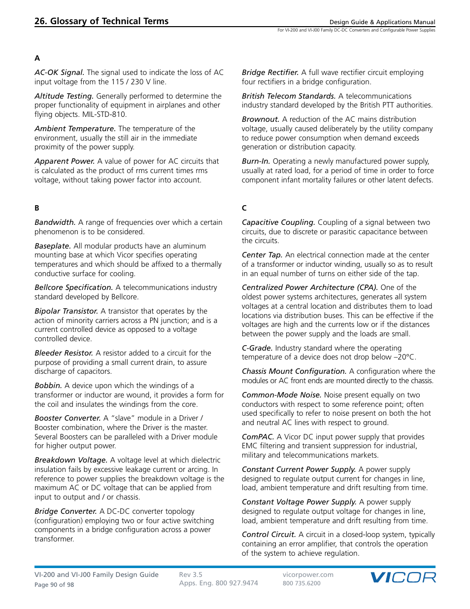 Sect. 26, Glossary of technical terms | Vicor VI-J00 Family DC-DC Converters and Configurable Power Supplies User Manual | Page 91 / 99