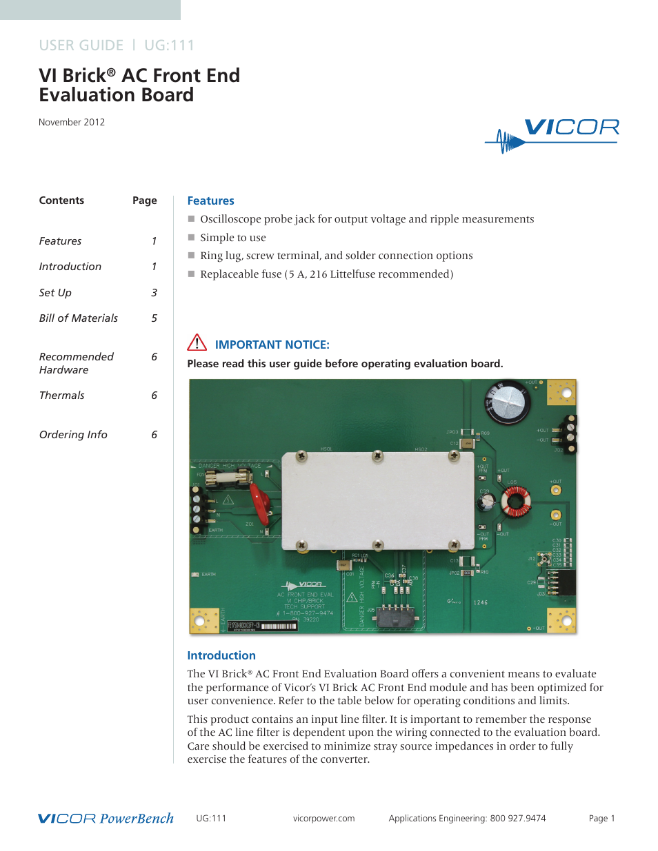 Vicor VI Brick AC Front End Evaluation Board User Manual | 6 pages