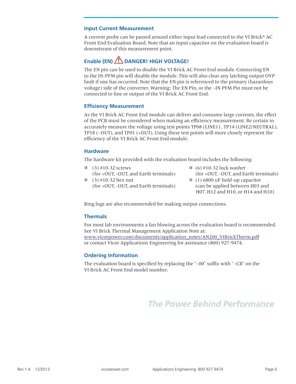 Recommended 6 hardware, Thermals, Ordering info | The power behind performance | Vicor VI Brick AC Front End Evaluation Board User Manual | Page 6 / 6