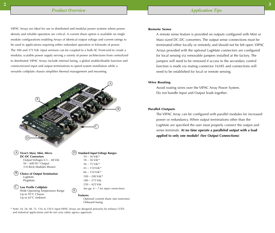 Product overview application tips | Vicor VIPAC Array Family of DC-DC Converters Up to 750 Watts User Manual | Page 2 / 7