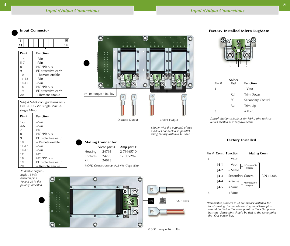 Input /output connections | Vicor VIPAC Array Family of DC-DC Converters Up to 750 Watts User Manual | Page 3 / 7