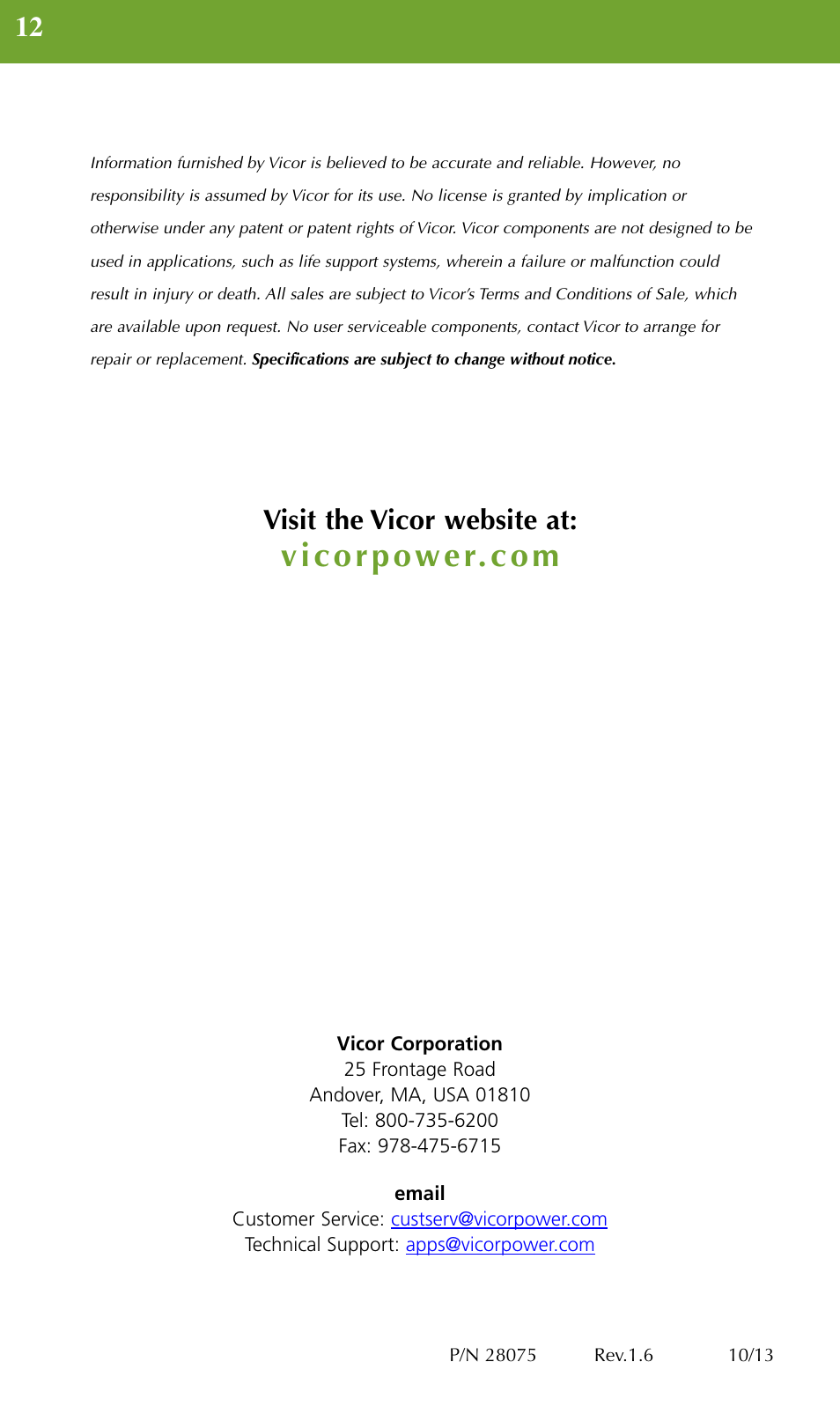 12 visit the vicor website at | Vicor VIPAC Array Family of DC-DC Converters Up to 750 Watts User Manual | Page 7 / 7