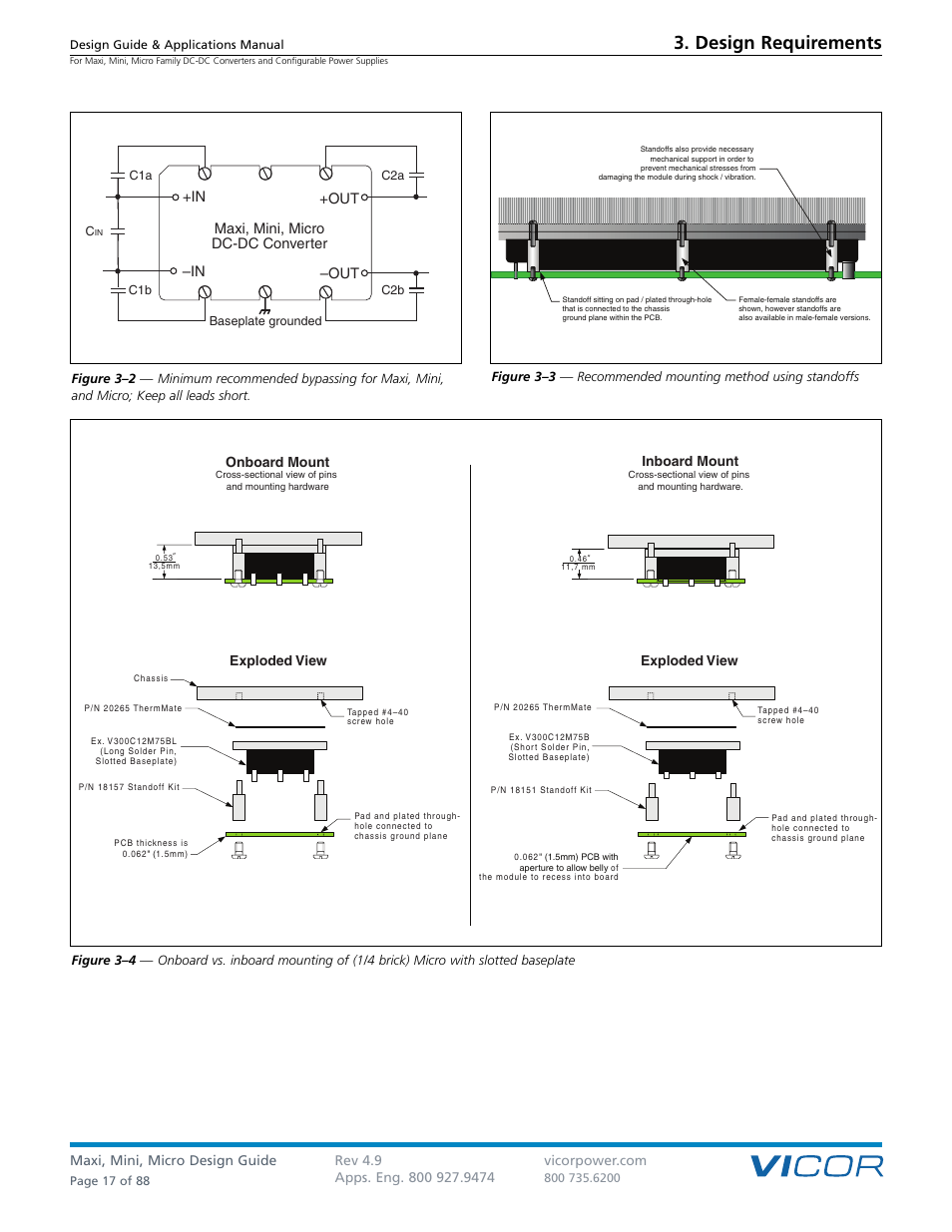 Design requirements, Onboard mount, Inboard mount | Exploded view, Out +in –in –out maxi, mini, micro dc-dc converter | Vicor Micro Family of DC-DC Converter User Manual | Page 18 / 89