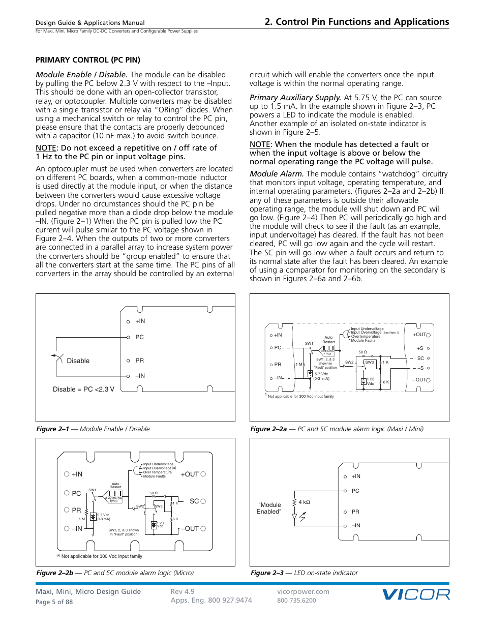 Control pin functions and applications, Primary control (pc pin), Disable disable = pc <2.3 v | Out sc –out +in pc pr –in | Vicor Micro Family of DC-DC Converter User Manual | Page 6 / 89