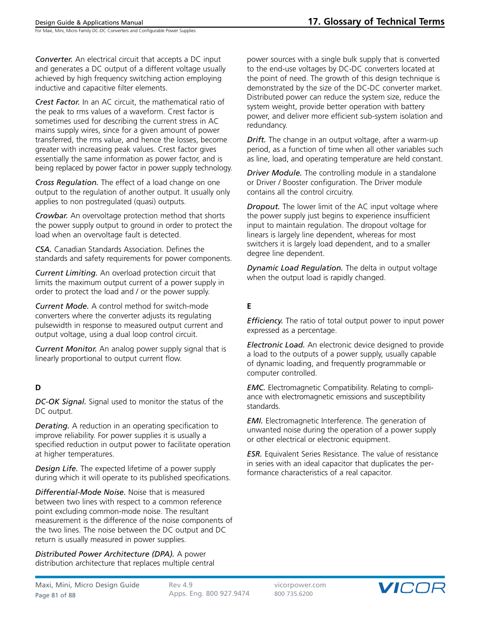Glossary of technical terms | Vicor Micro Family of DC-DC Converter User Manual | Page 82 / 89