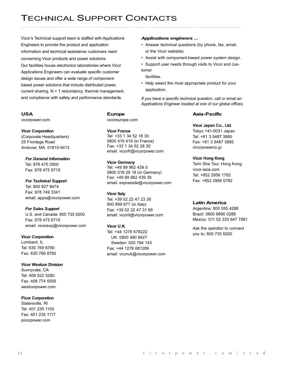 Echnical, Upport, Ontacts | Vicor VIPAC Array CONFIGURATION GUIDE User Manual | Page 13 / 14