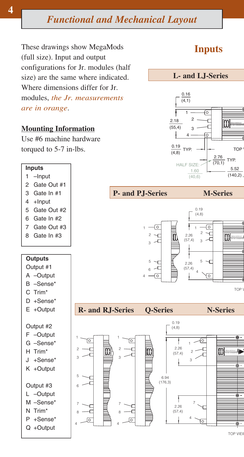 Functional and mechanical layout inputs, R- and rj-series q-series n-series | Vicor MegaMod DC-DC Converter Family User Manual | Page 5 / 8