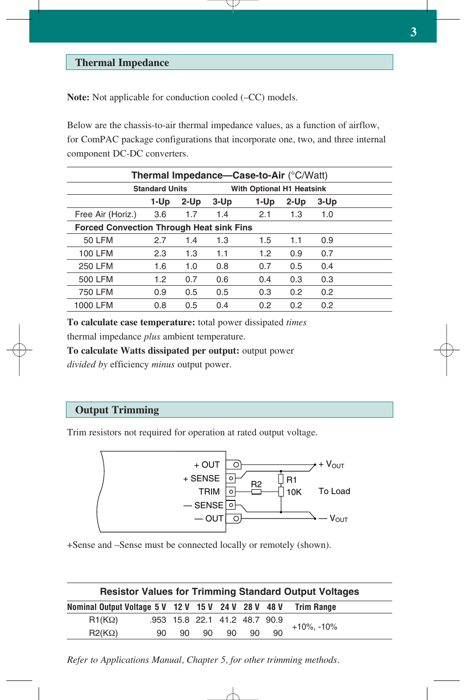 Output trimming, Thermal impedance | Vicor ComPAC Family 50 to 600 Watt DC-DC Switchers User Manual | Page 3 / 8