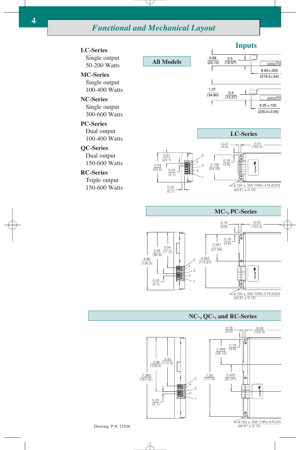 Functional and mechanical layout 4, Inputs, All models | Vicor ComPAC Family 50 to 600 Watt DC-DC Switchers User Manual | Page 4 / 8