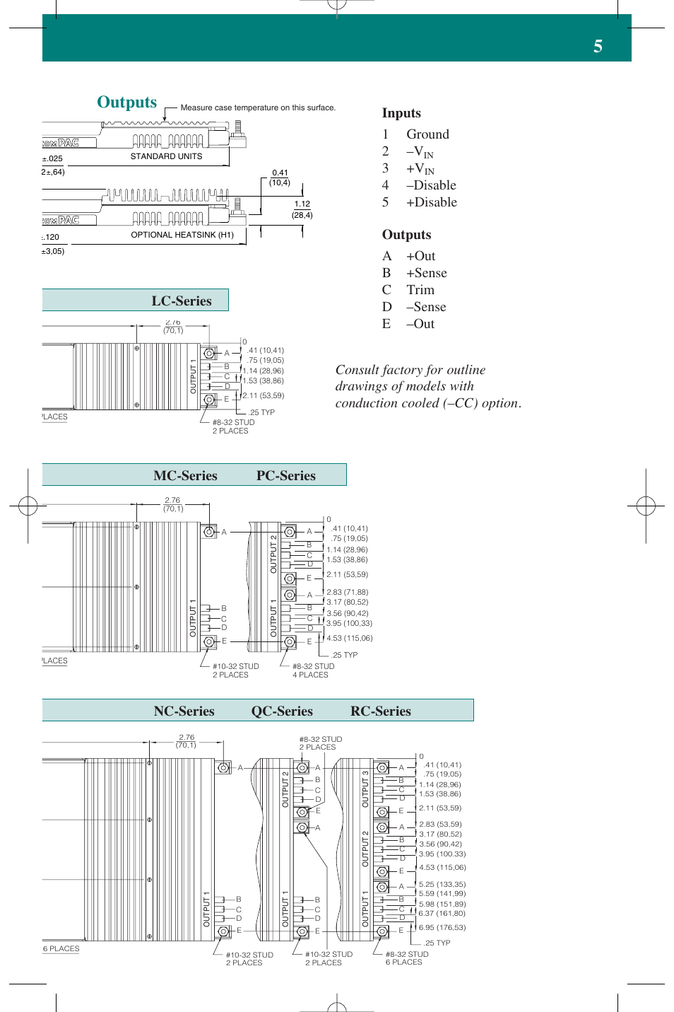 Outputs, Inputs 1 ground 2 –v | Vicor ComPAC Family 50 to 600 Watt DC-DC Switchers User Manual | Page 5 / 8