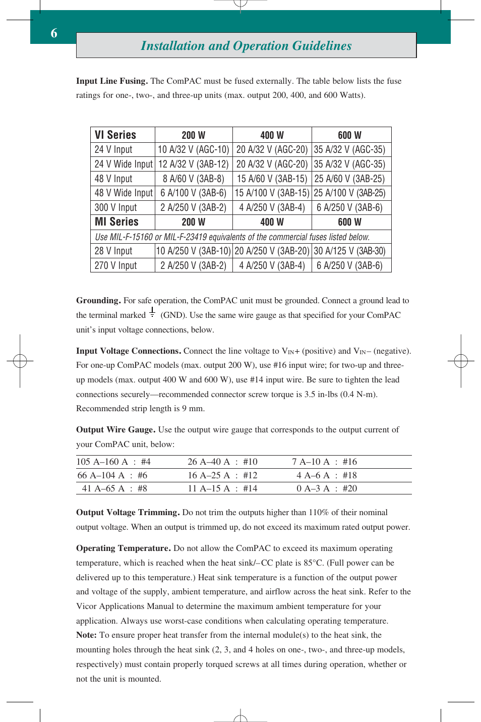 Installation and operation guidelines, Vi series, Mi series | Vicor ComPAC Family 50 to 600 Watt DC-DC Switchers User Manual | Page 6 / 8