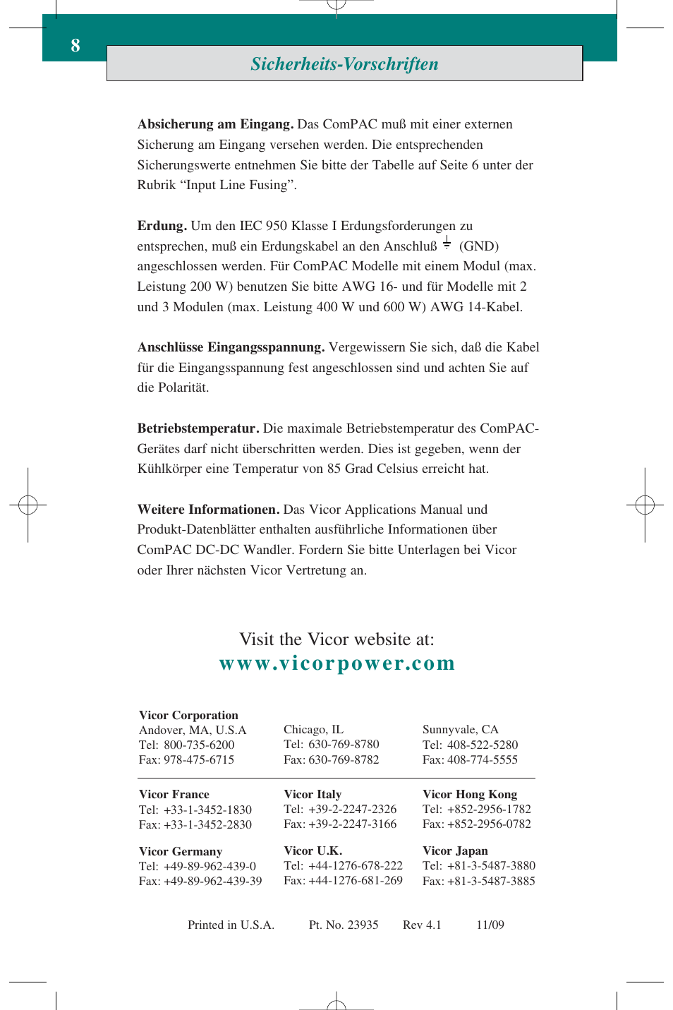 Sicherheits-vorschriften 8, Visit the vicor website at | Vicor ComPAC Family 50 to 600 Watt DC-DC Switchers User Manual | Page 8 / 8