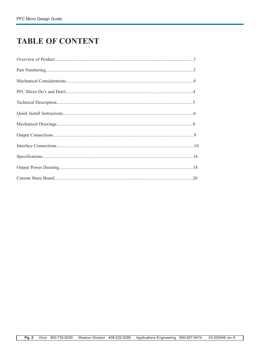 Table of content | Vicor PFC Micro Power Factor Corrected AC-DC Switcher User Manual | Page 2 / 23