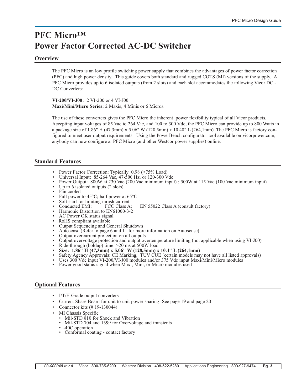 Pfc micro™ power factor corrected ac-dc switcher | Vicor PFC Micro Power Factor Corrected AC-DC Switcher User Manual | Page 3 / 23