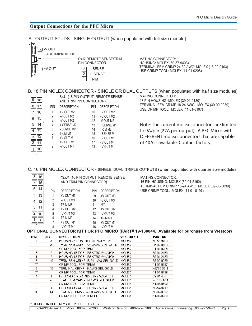 Output connections for the pfc micro | Vicor PFC Micro Power Factor Corrected AC-DC Switcher User Manual | Page 9 / 23