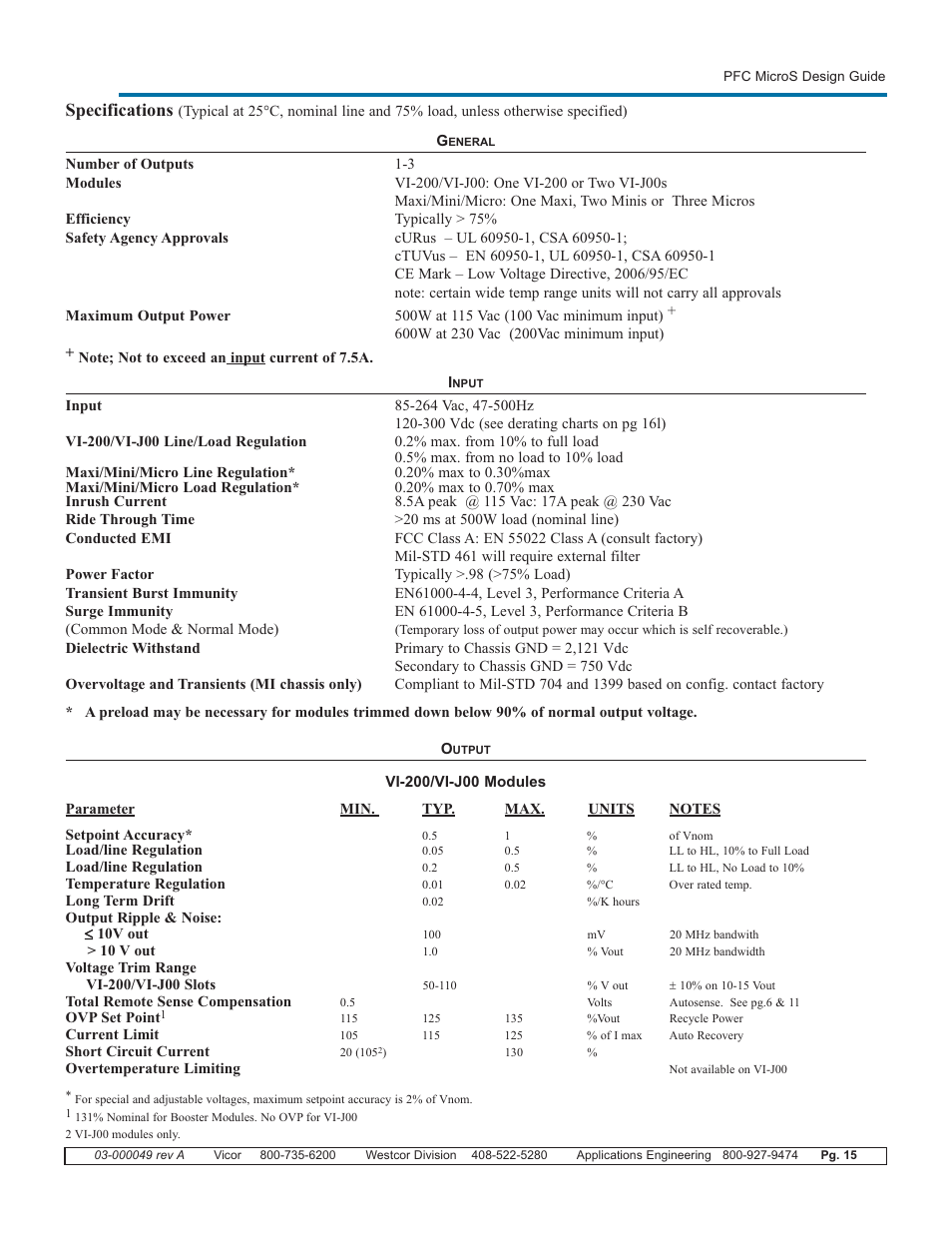 Specifications | Vicor PFC MicroS Power Factor Corrected AC-DC Switcher User Manual | Page 15 / 22