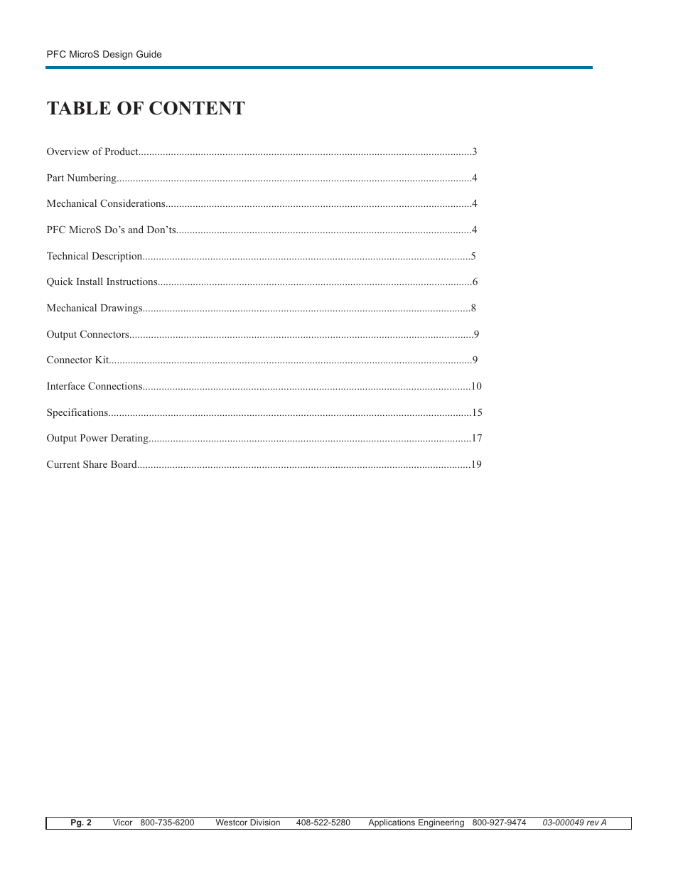 Table of content | Vicor PFC MicroS Power Factor Corrected AC-DC Switcher User Manual | Page 2 / 22