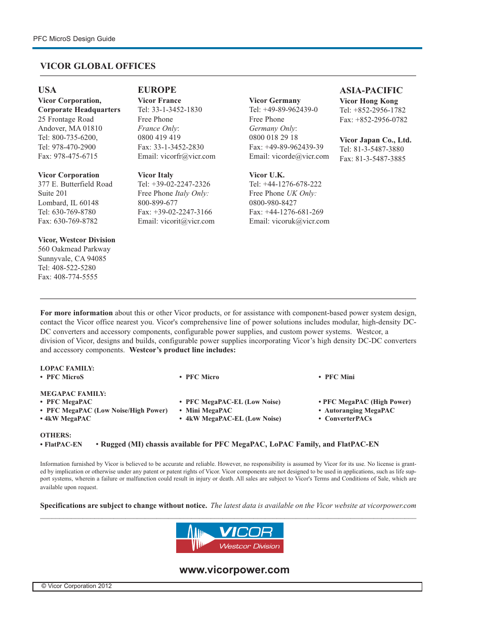 Vicor PFC MicroS Power Factor Corrected AC-DC Switcher User Manual | Page 22 / 22