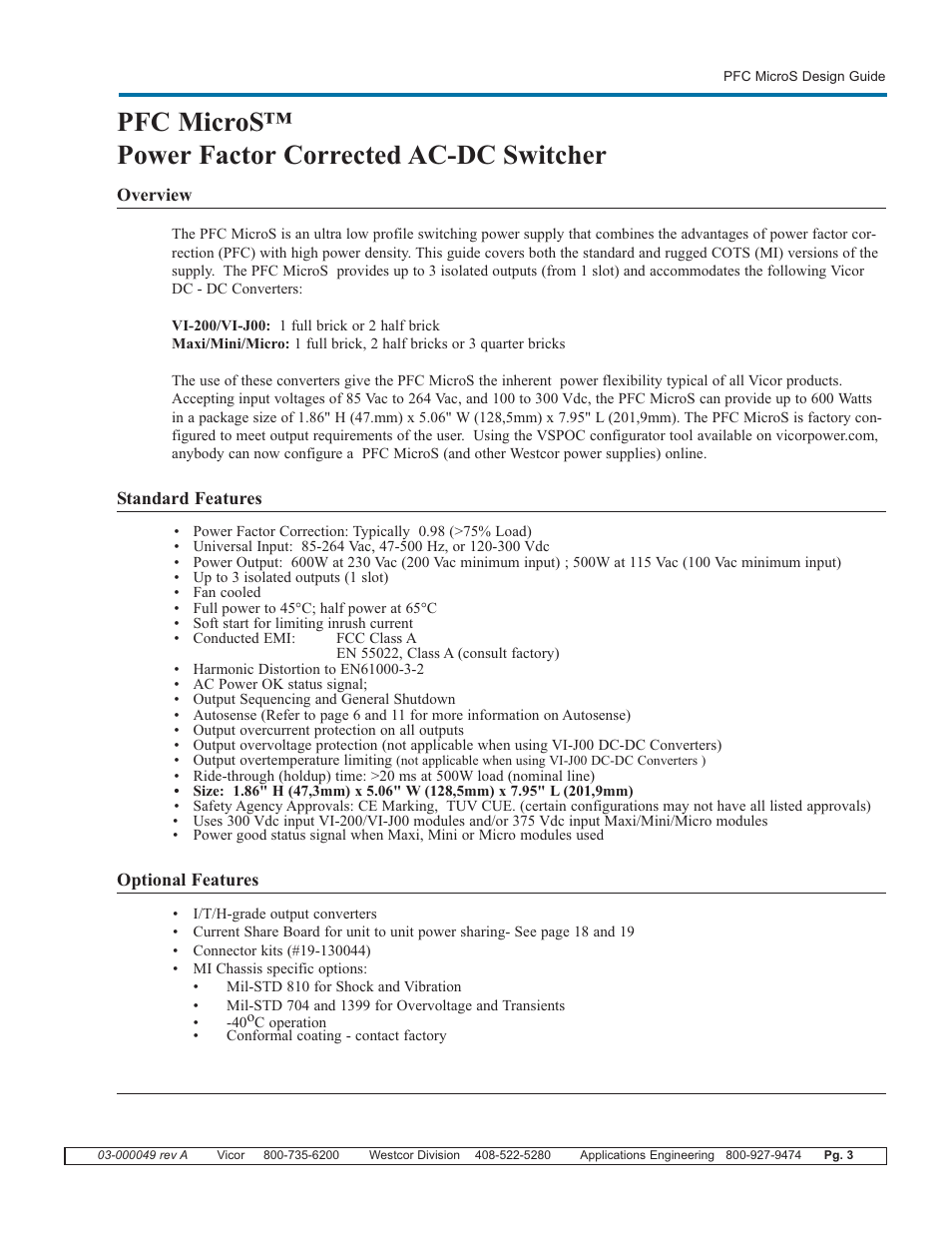 Pfc micros™ power factor corrected ac-dc switcher | Vicor PFC MicroS Power Factor Corrected AC-DC Switcher User Manual | Page 3 / 22