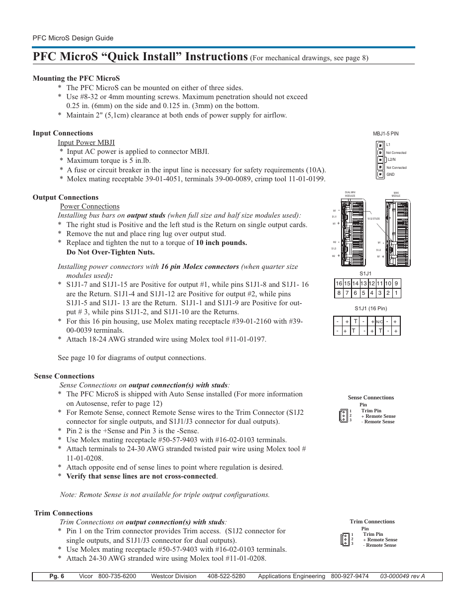 Pfc micros “quick install” instructions | Vicor PFC MicroS Power Factor Corrected AC-DC Switcher User Manual | Page 6 / 22